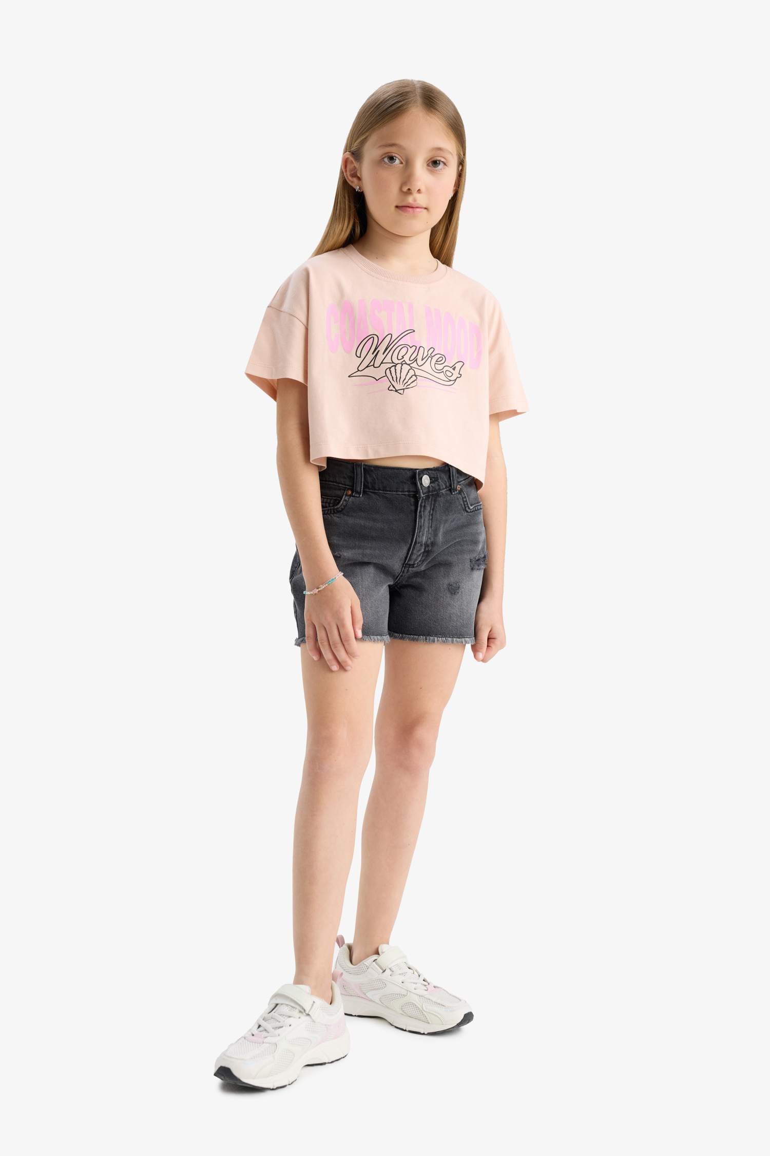 Girls Crop Crew Neck Printed Short Sleeve T-Shirt