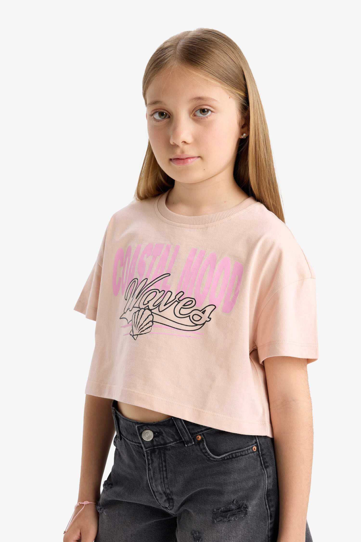 Girls Crop Crew Neck Printed Short Sleeve T-Shirt