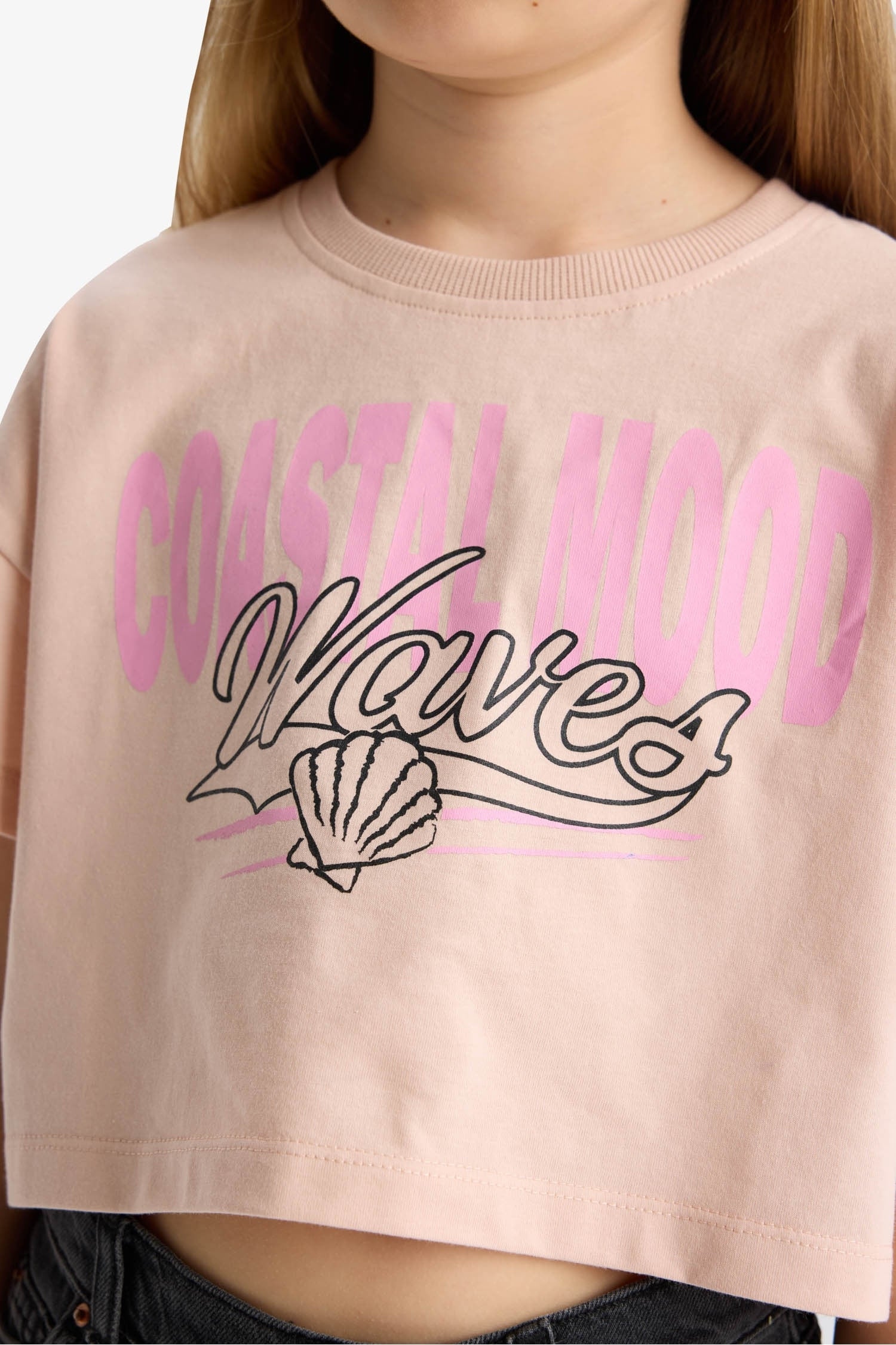 Girls Crop Crew Neck Printed Short Sleeve T-Shirt