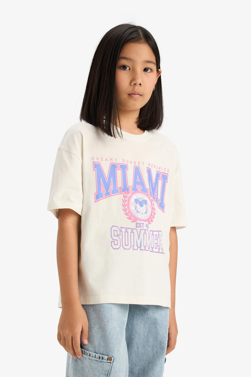 Girls Oversize Wide Pattern Crew Neck Printed Short Sleeve T-Shirt