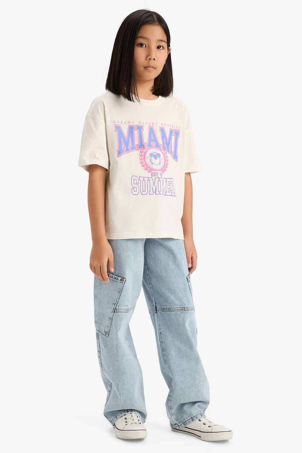 Girls Oversize Wide Pattern Crew Neck Printed Short Sleeve T-Shirt