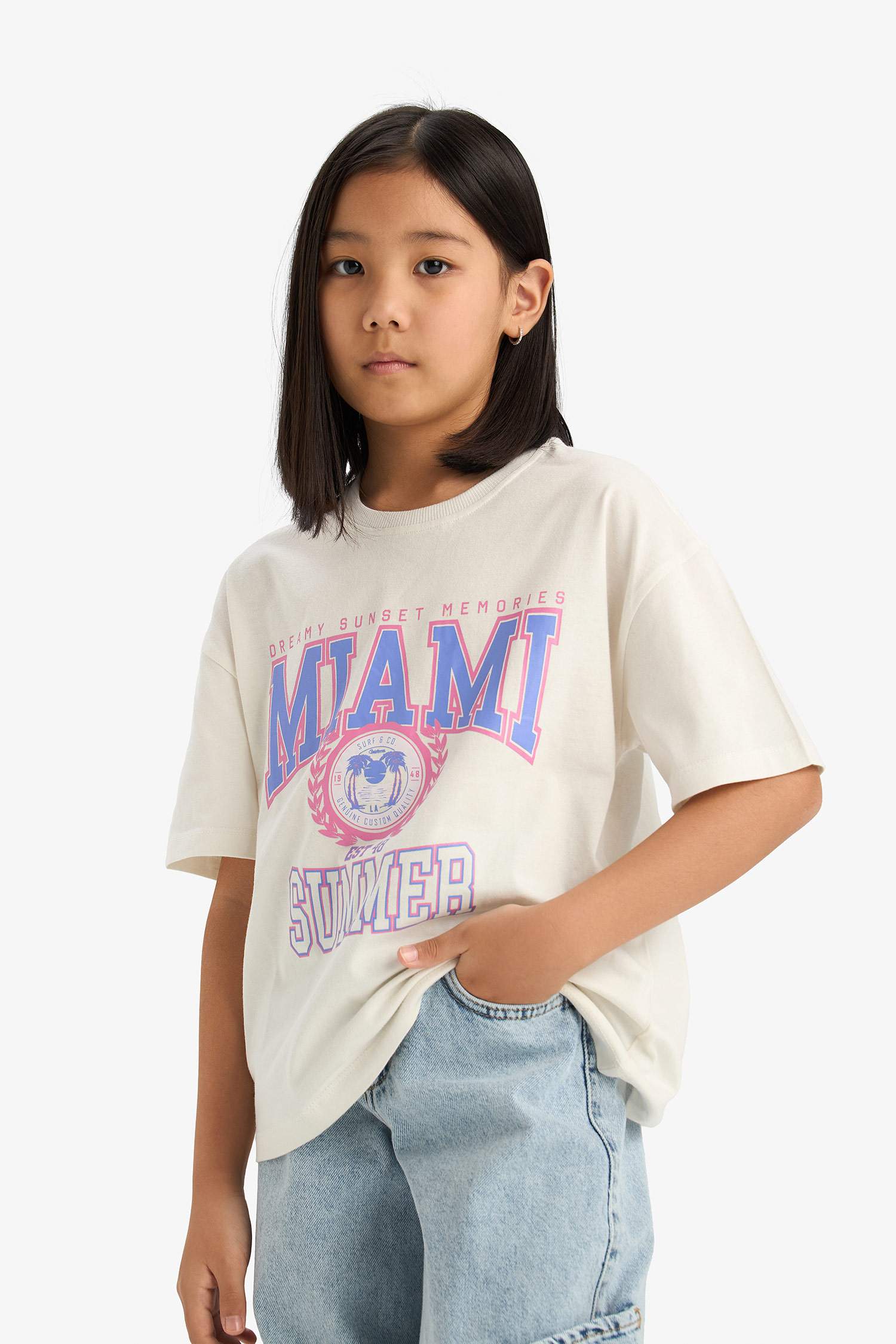 Girls Oversize Wide Pattern Crew Neck Printed Short Sleeve T-Shirt