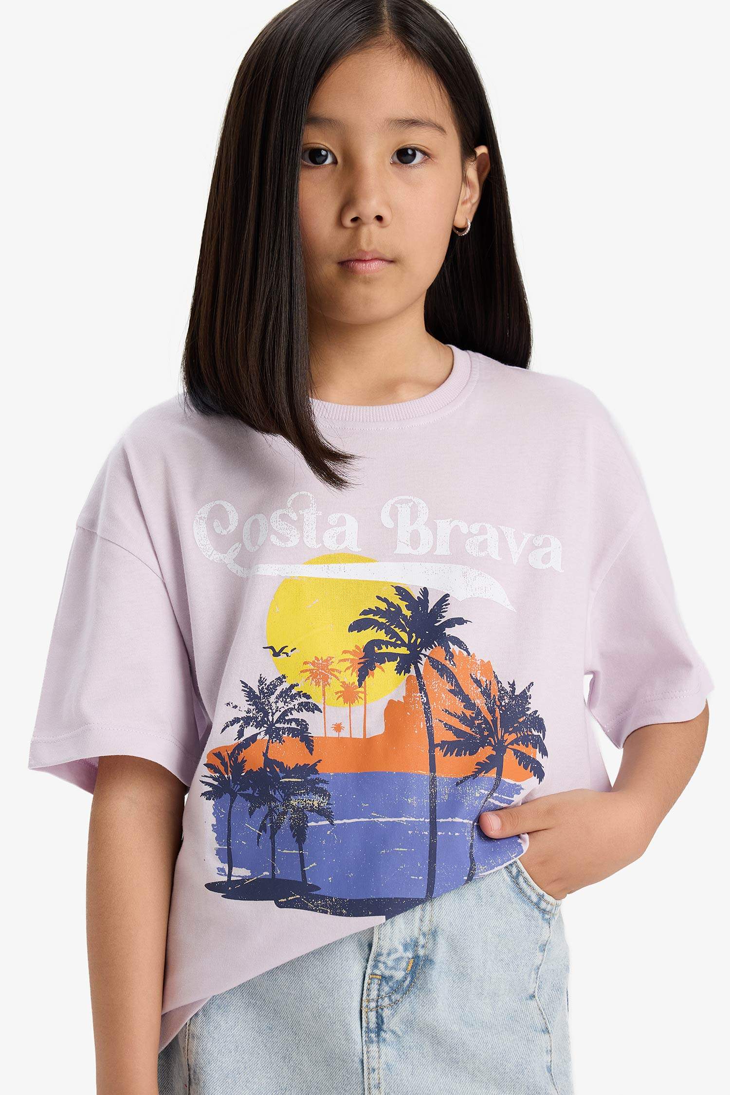 Girls Oversize Wide Pattern Crew Neck Printed Short Sleeve T-Shirt