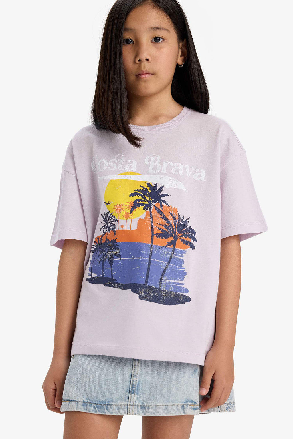 Girls Oversize Wide Pattern Crew Neck Printed Short Sleeve T-Shirt