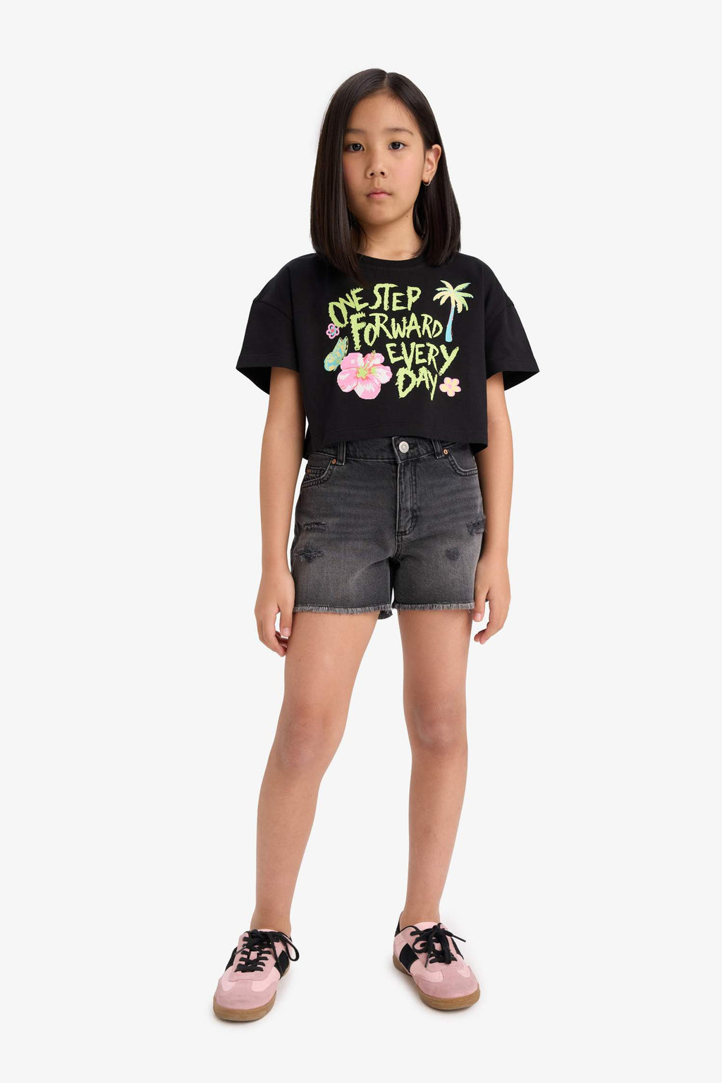 Girls Crop Crew Neck Printed Short Sleeve T-Shirt