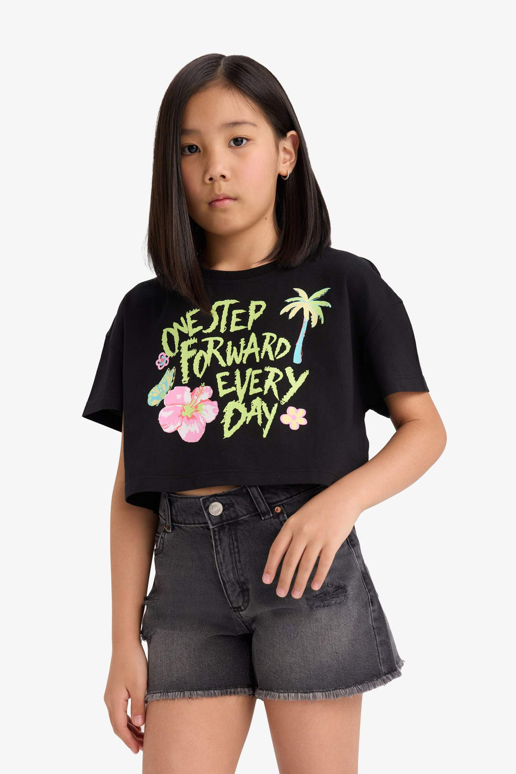 Girls Crop Crew Neck Printed Short Sleeve T-Shirt