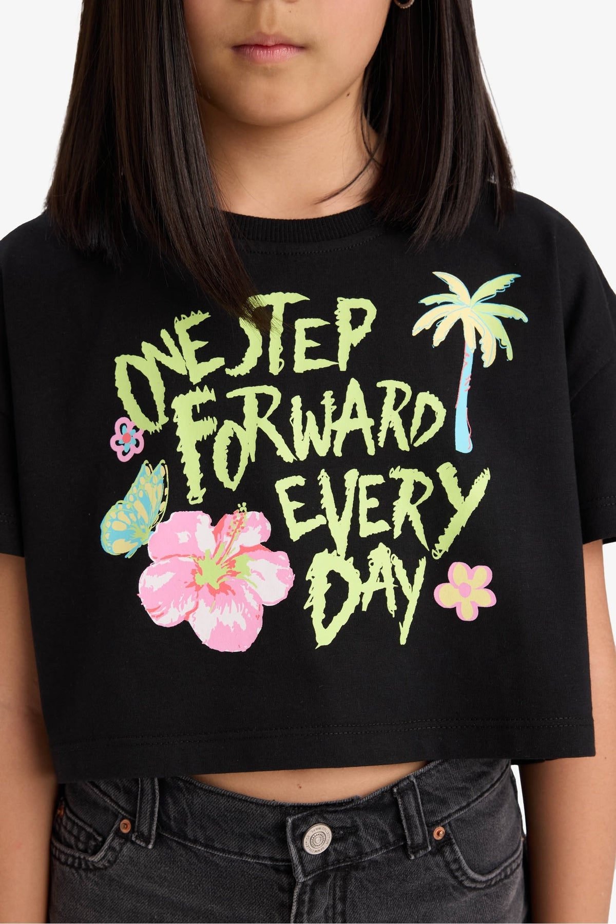 Girls Crop Crew Neck Printed Short Sleeve T-Shirt