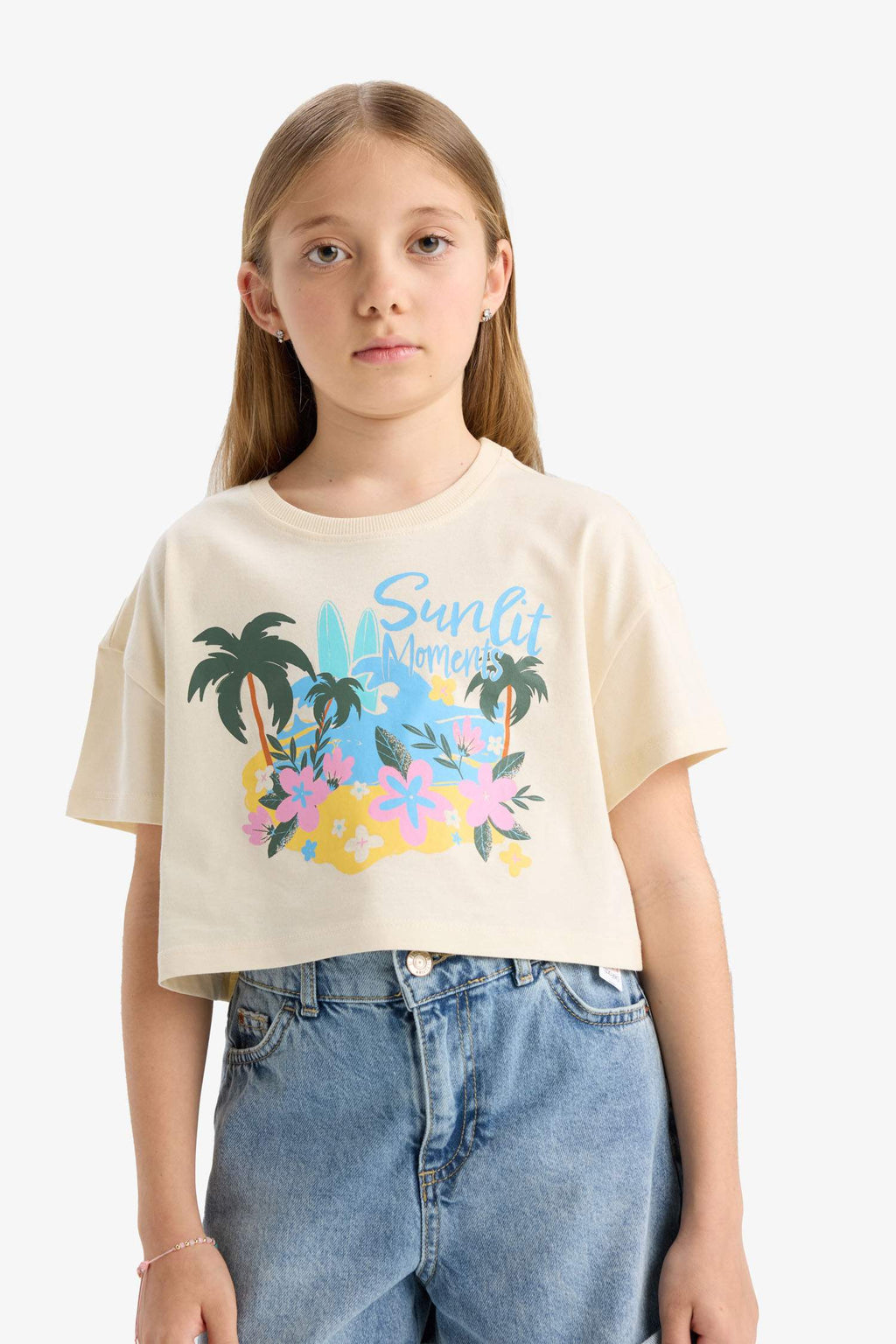 Girls Crop Crew Neck Printed Short Sleeve T-Shirt