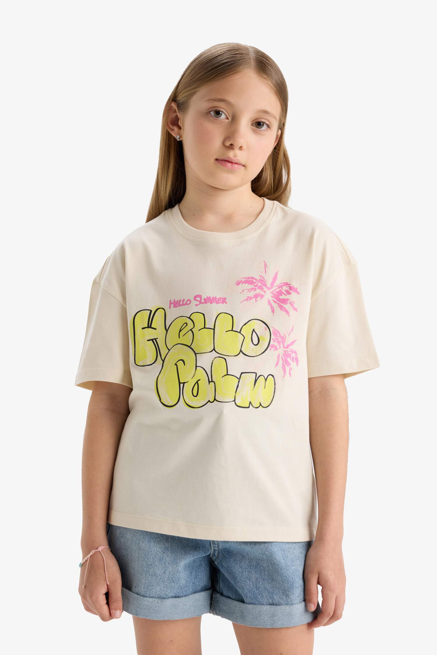 Girl Relax Fit Palm Printed Crew Neck Short Sleeve T-Shirt