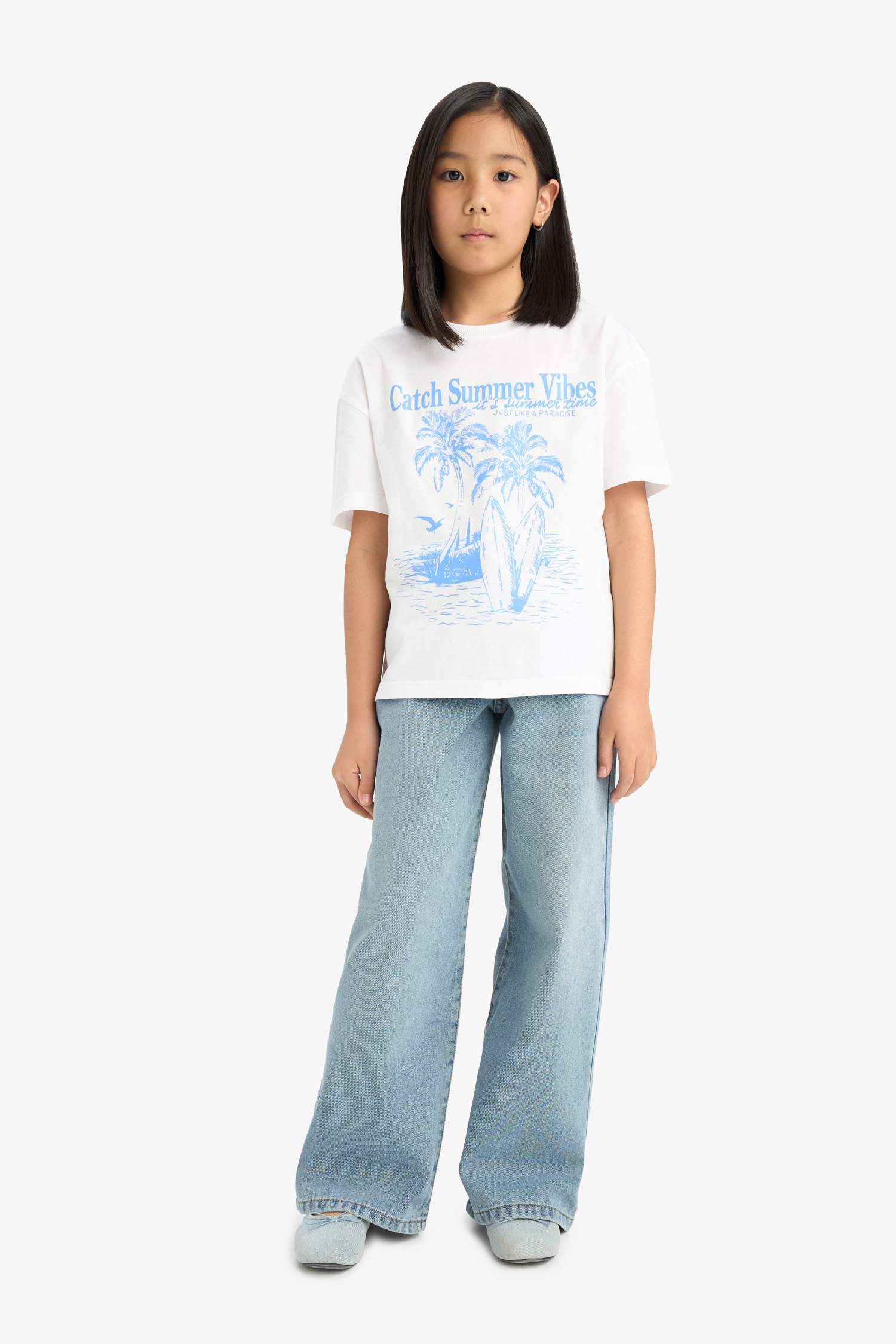 Girl Relax Fit Palm Printed Crew Neck Short Sleeve T-Shirt