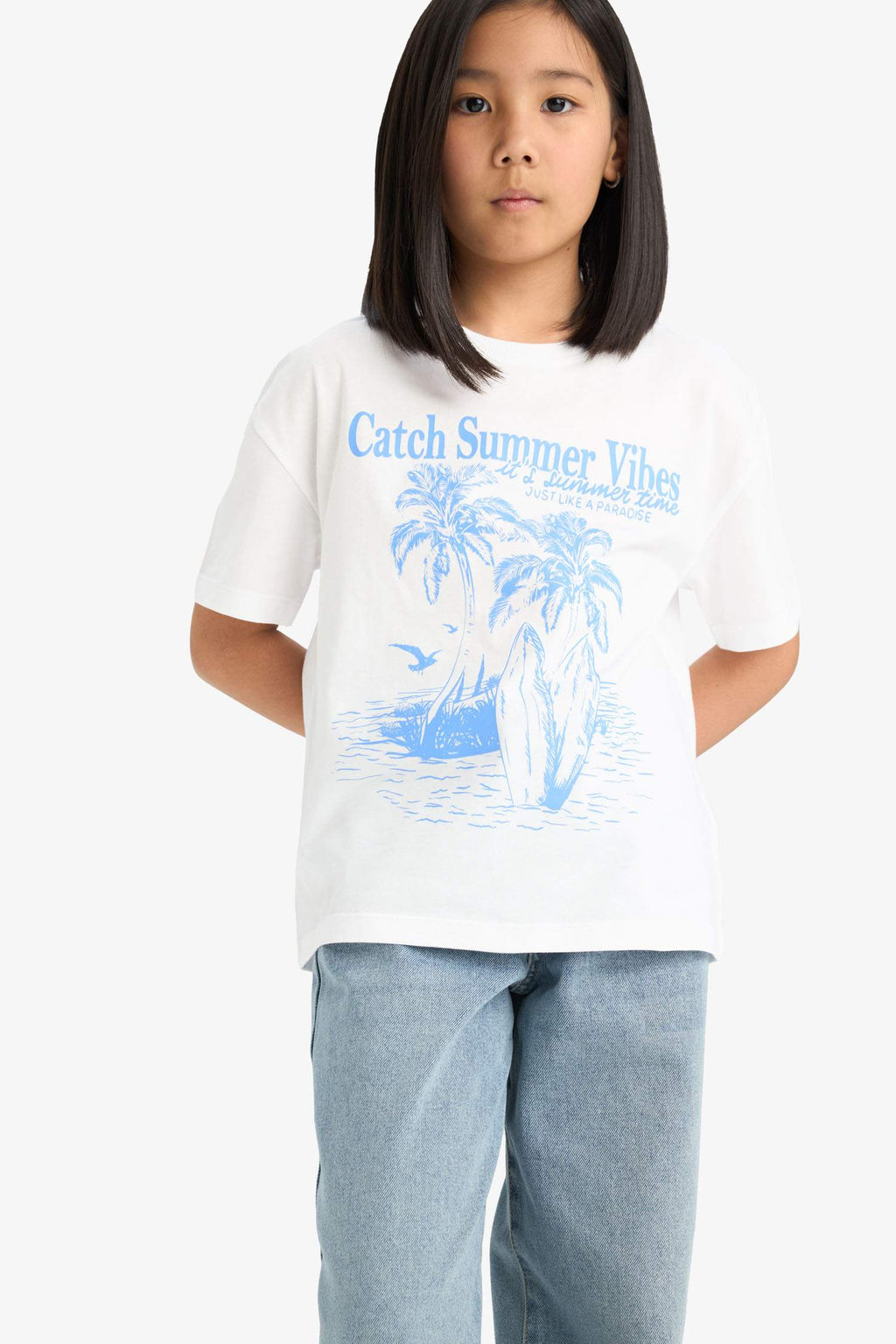 Girl Relax Fit Palm Printed Crew Neck Short Sleeve T-Shirt