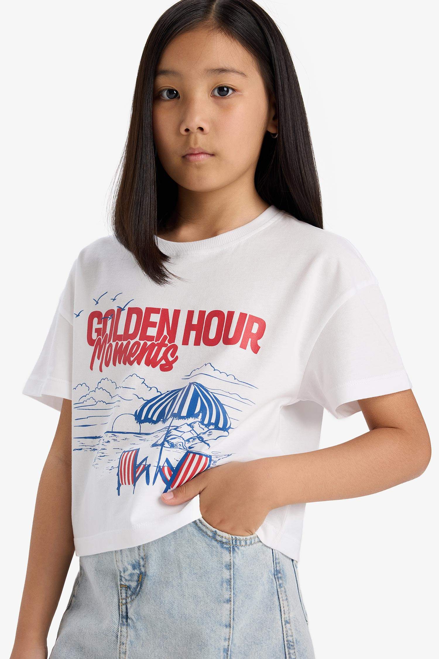 Girls Boxy Fit Crew Neck Printed Short Sleeve T-Shirt