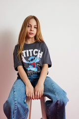 Girls Disney Lilo & Stitch Oversize Wide Pattern Crew Neck Short Sleeve T-Shirt
