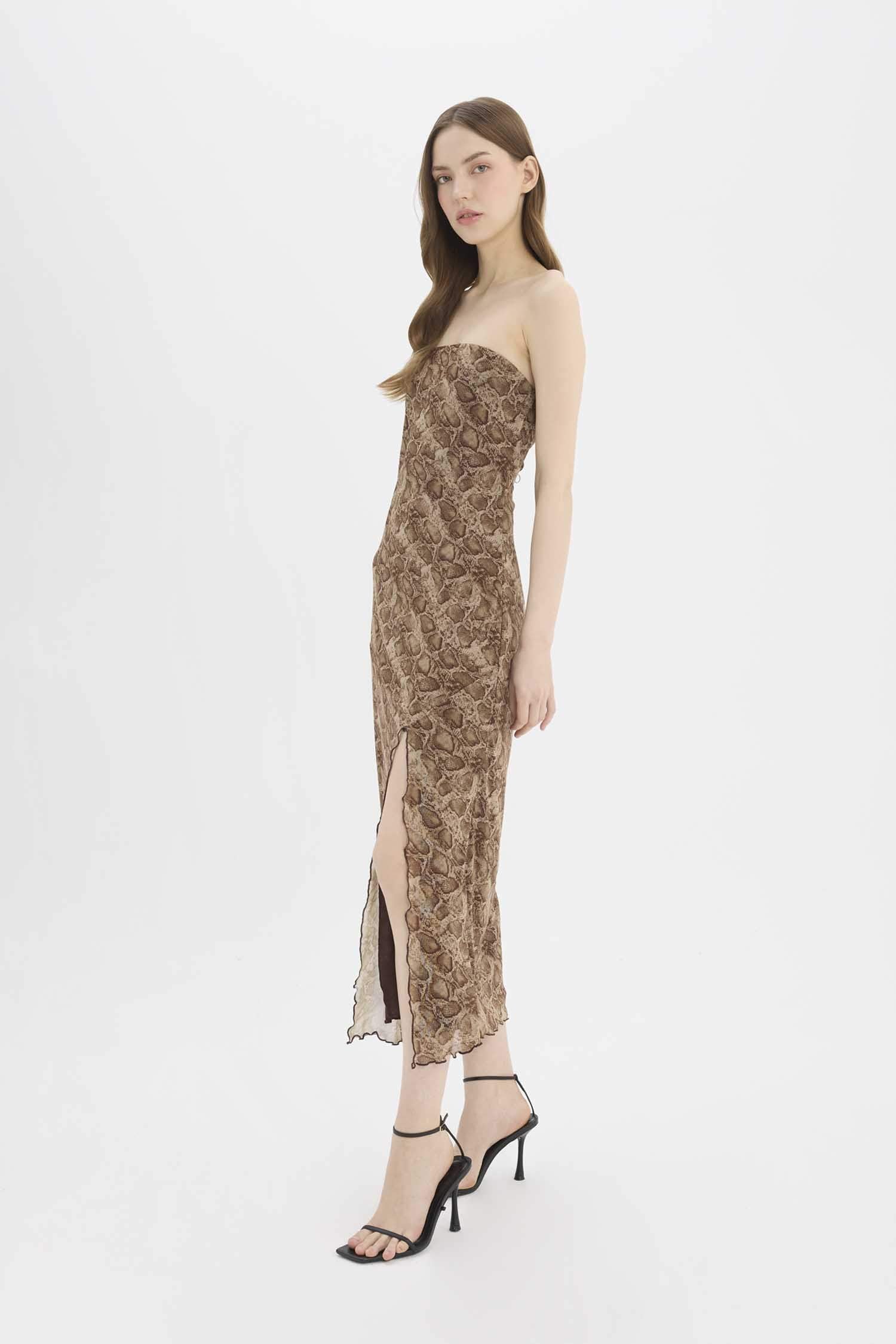 Strapless Animal Print Tulle Maxi Dress