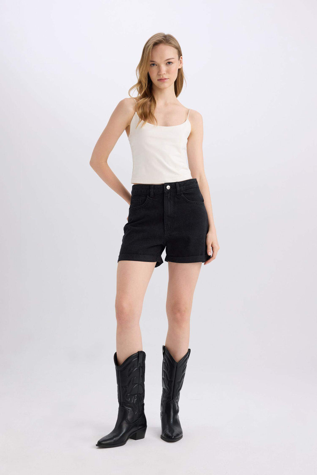 Mom Fit High Waist Fold-Leg Jean Shorts