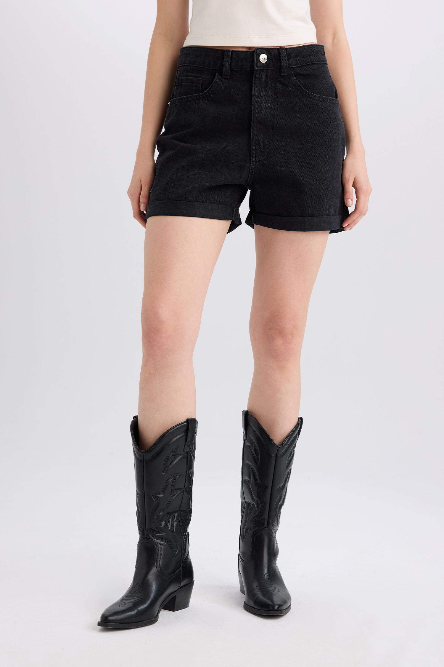 Mom Fit High Waist Fold-Leg Jean Shorts