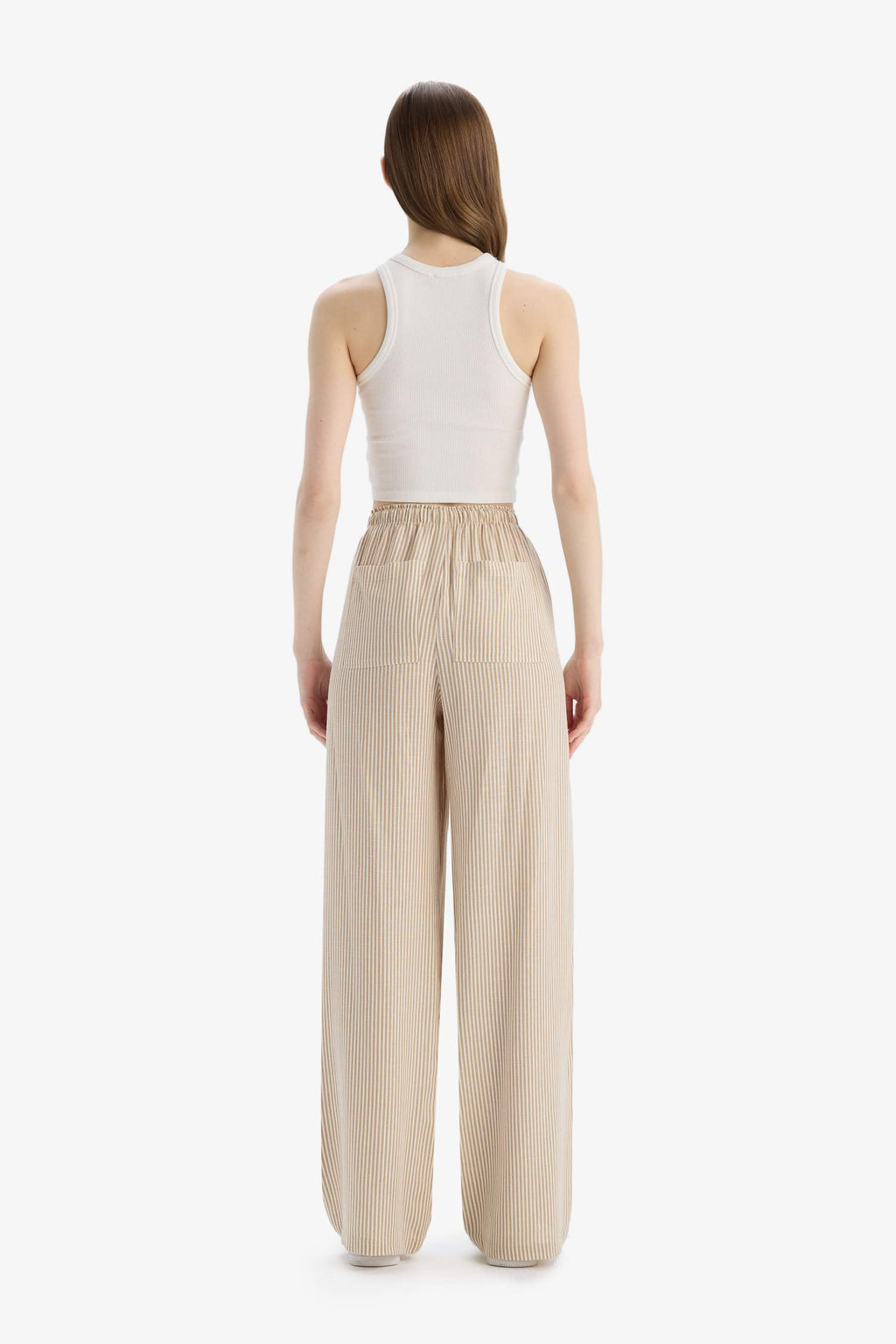 High Waisted Wide Leg Trousers with Pockets in Linen Blend