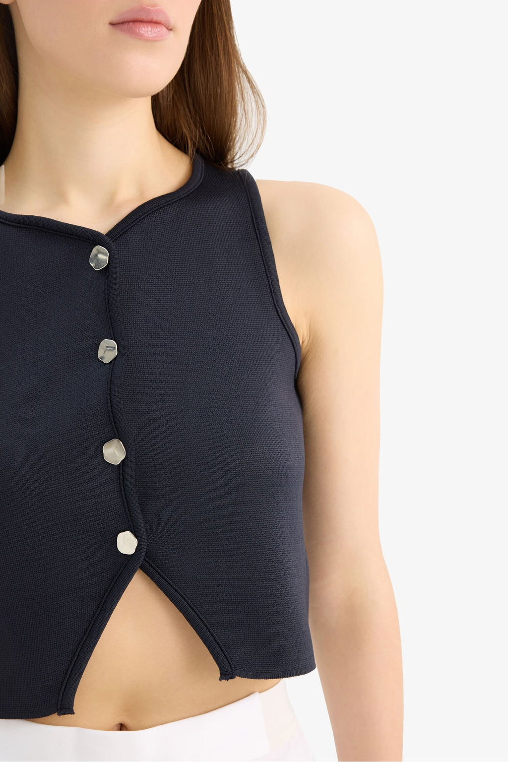 Regular Fit Crew Neck White Knitted Vest