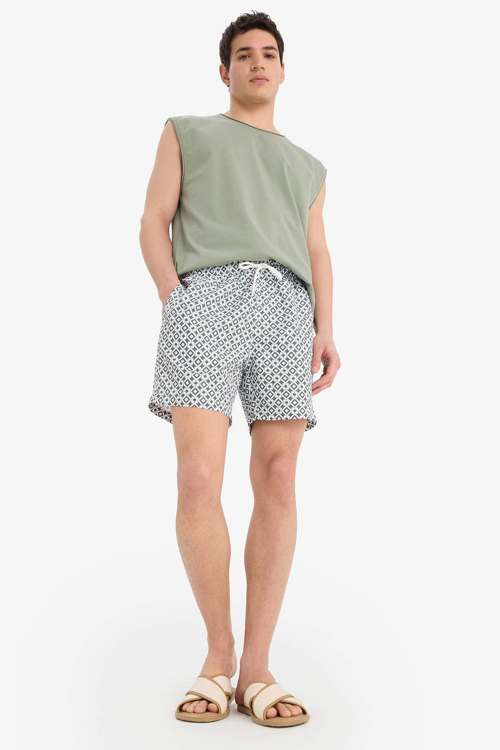 Patterned Mesh Lined Short Swim Shorts