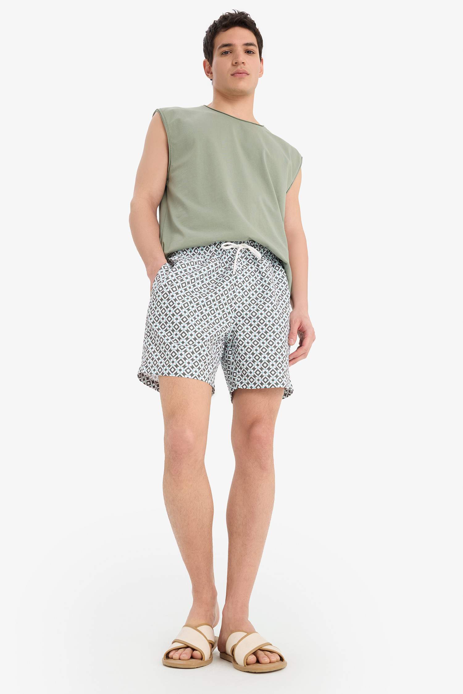 Patterned Mesh Lined Short Swim Shorts