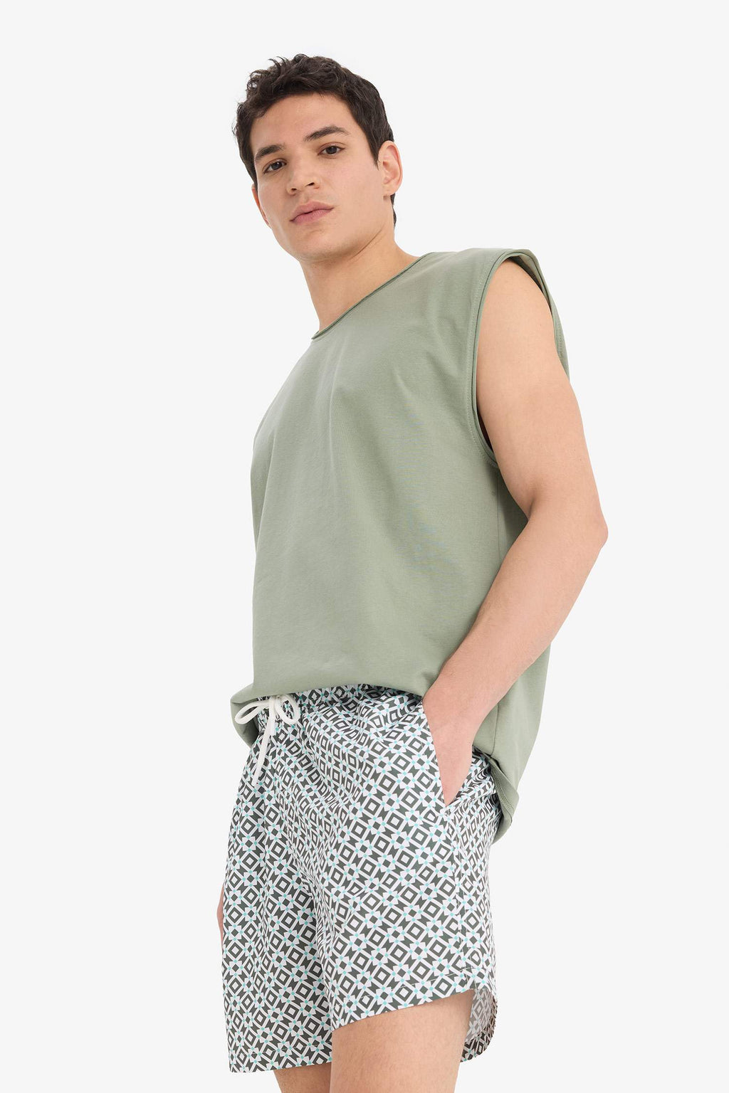 Patterned Mesh Lined Short Swim Shorts