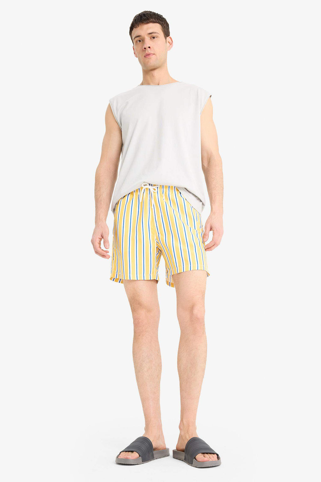 Striped Mesh Lined Short Length Swim Shorts