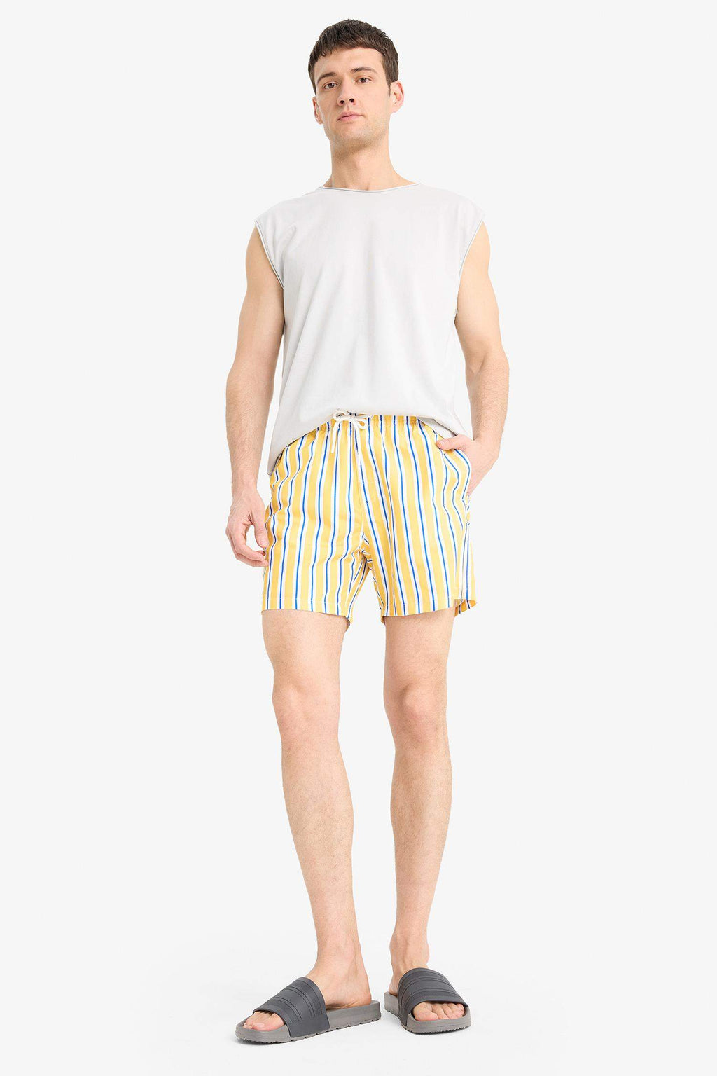 Striped Mesh Lined Short Length Swim Shorts