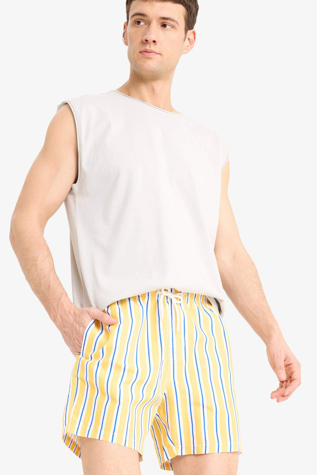 Striped Mesh Lined Short Length Swim Shorts