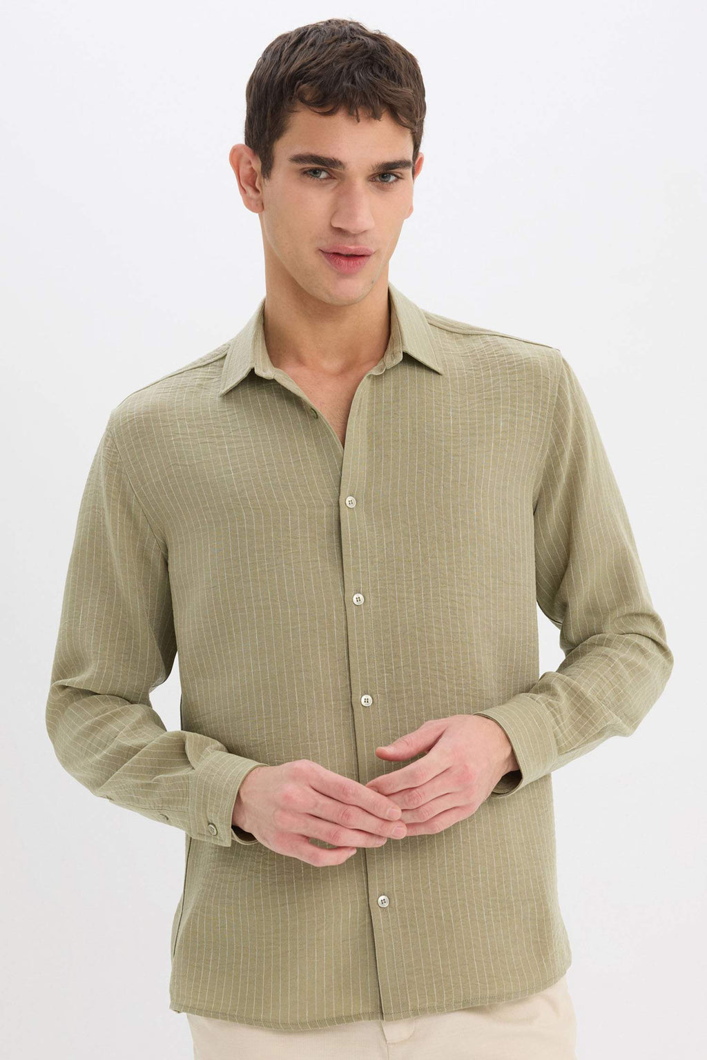 Regular Fit Italian Collar Linen Look Long Sleeve Shirt