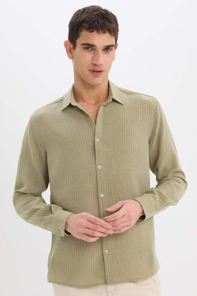 Regular Fit Italian Collar Linen Look Long Sleeve Shirt Hover Image