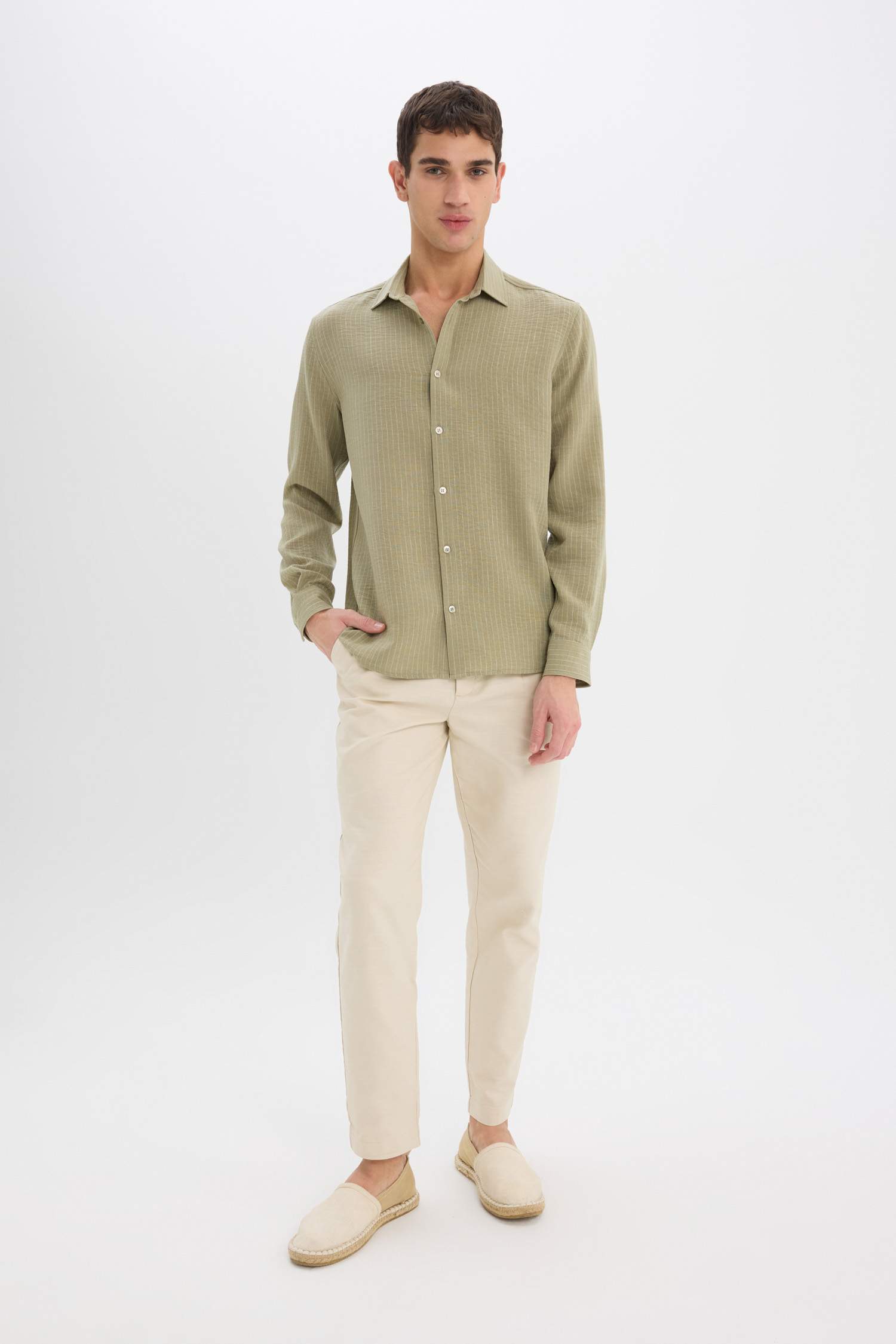 Regular Fit Italian Collar Linen Look Long Sleeve Shirt