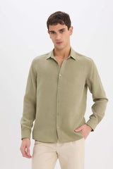 Regular Fit Italian Collar Linen Look Long Sleeve Shirt