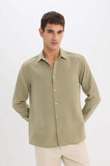 Regular Fit Italian Collar Linen Look Long Sleeve Shirt
