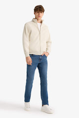 Boxy Fit Stand Collar Printed Zippered Sweatshirt with Soft Fur Inside