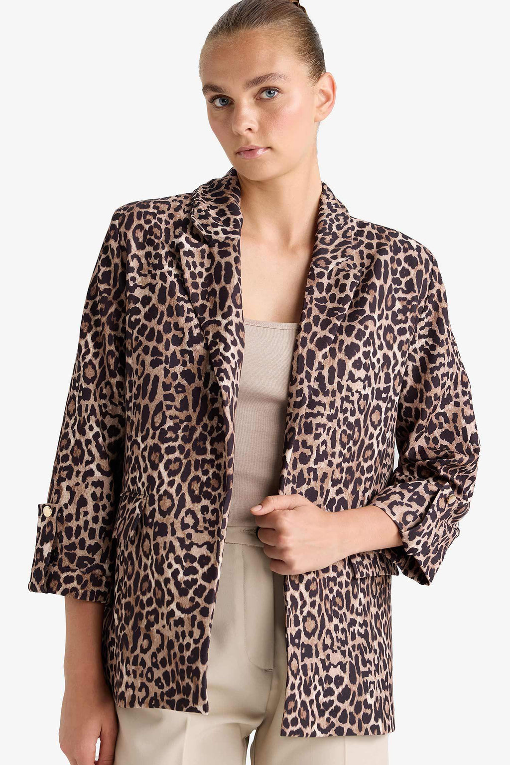 Loose Fit Jacket Collar Leopard Print Blazer Jacket