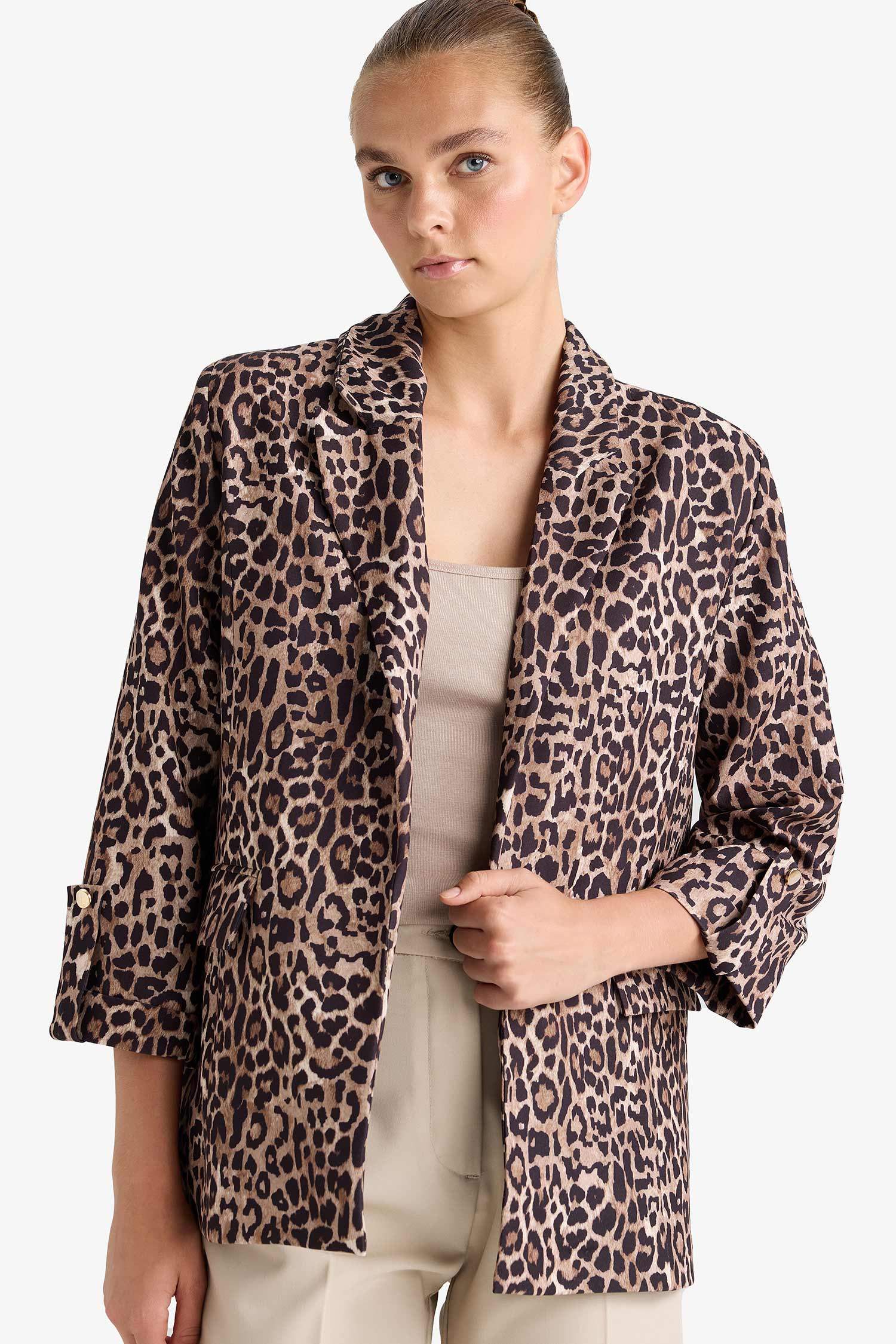 Loose Fit Jacket Collar Leopard Print Blazer Jacket