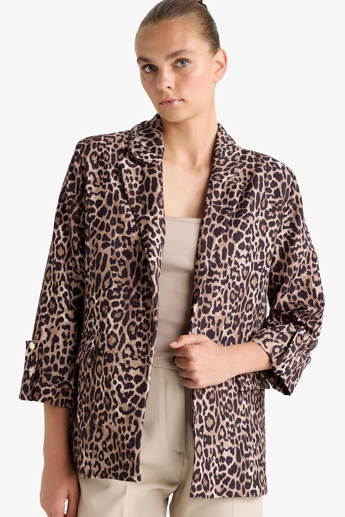 Loose Fit Jacket Collar Leopard Print Blazer Jacket