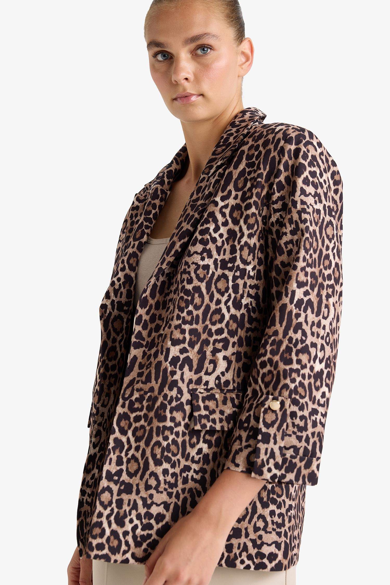 Loose Fit Jacket Collar Leopard Print Blazer Jacket