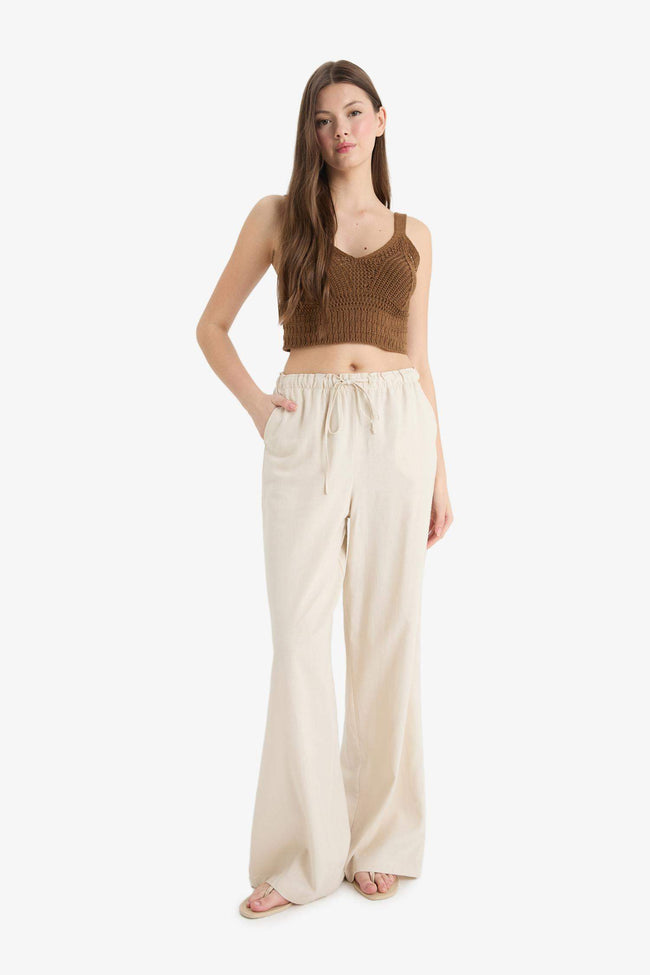 Wide Leg Double Pocket Elastic Waist Standard Length Linen Blend Trousers Hover Image
