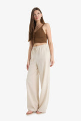 Wide Leg Double Pocket Elastic Waist Standard Length Linen Blend Trousers