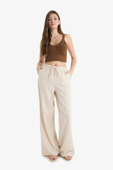 Wide Leg Double Pocket Elastic Waist Standard Length Linen Blend Trousers