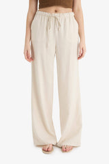 Wide Leg Double Pocket Elastic Waist Standard Length Linen Blend Trousers