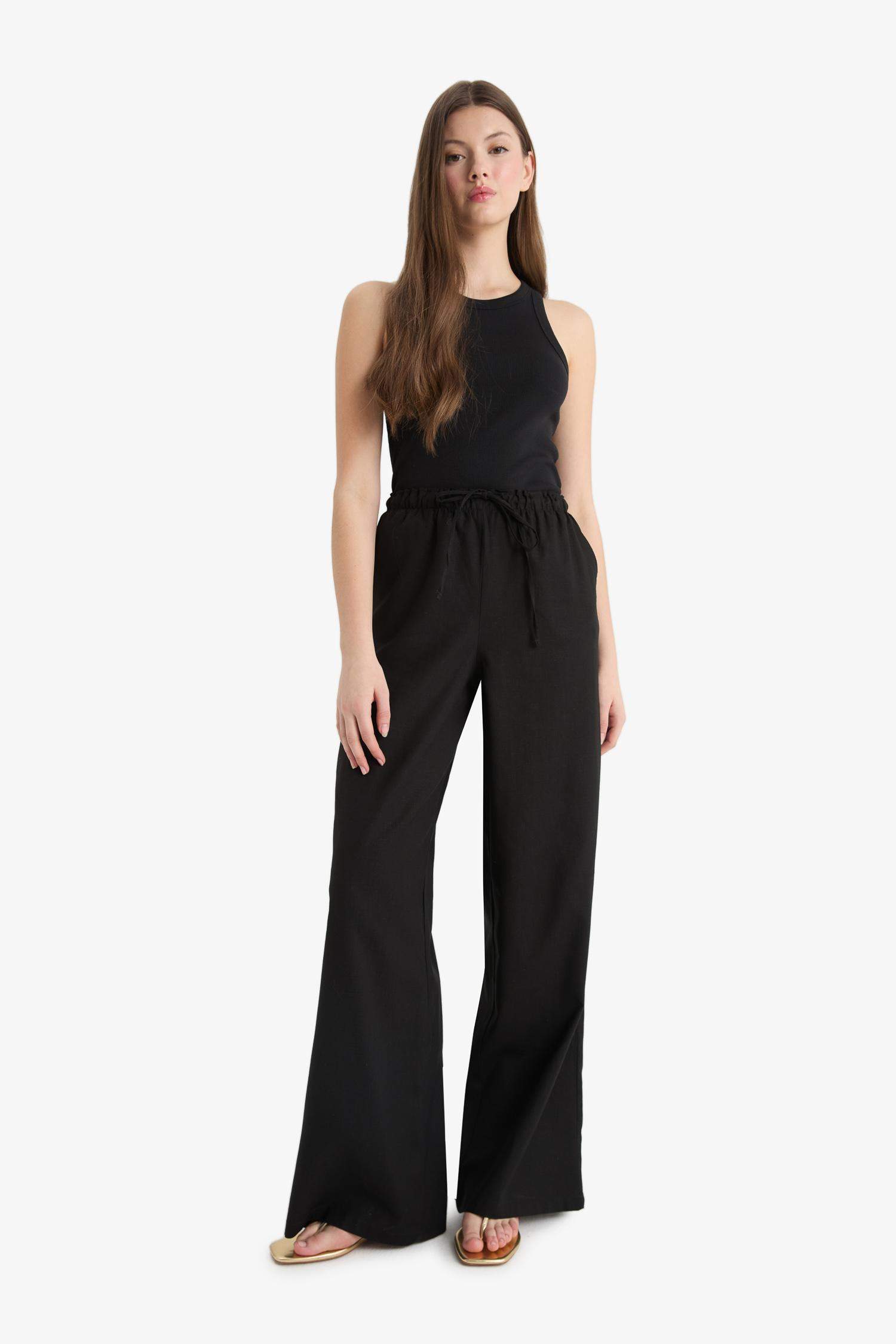 Wide Leg Double Pocket Elastic Waist Standard Length Linen Blend Trousers