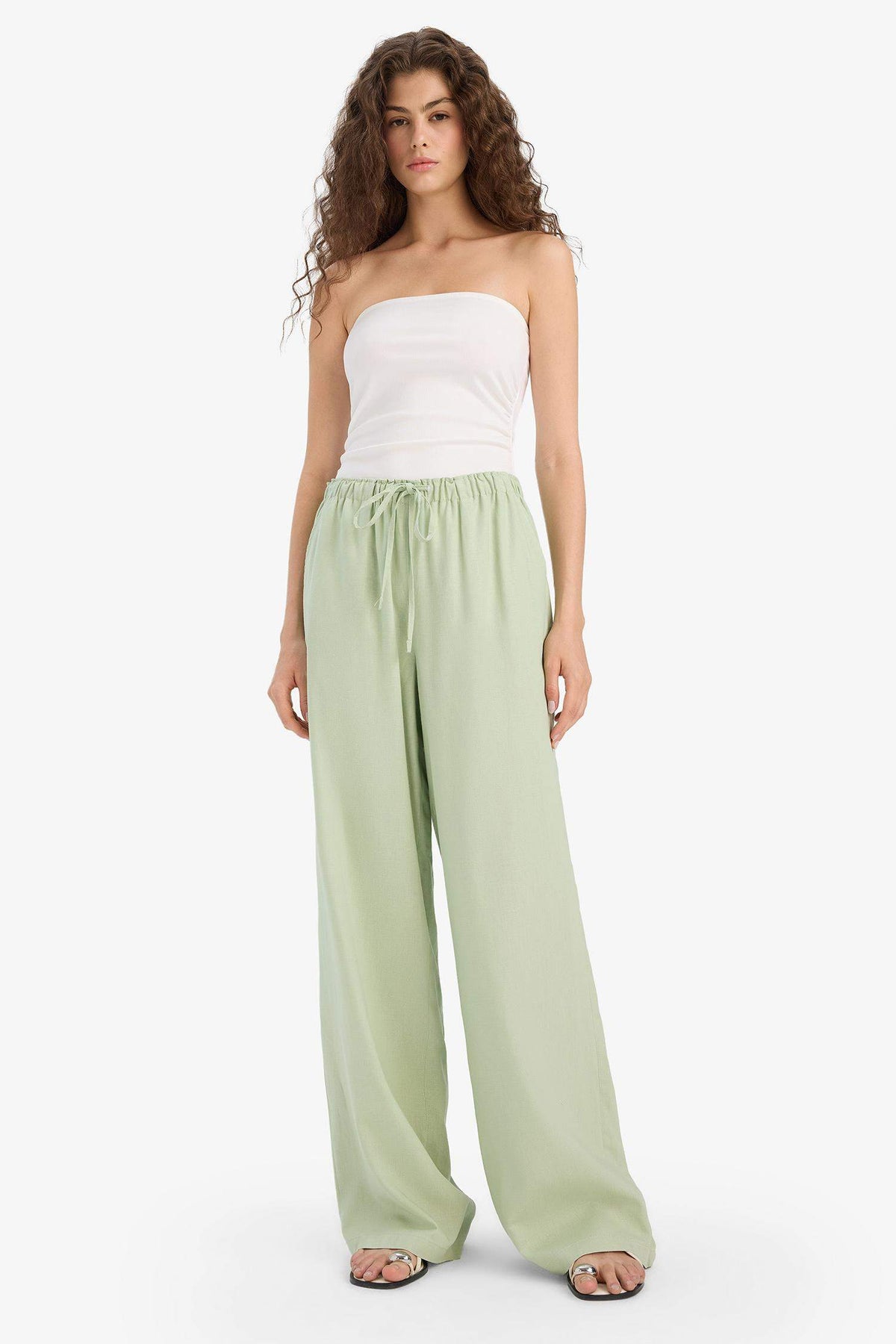 Wide Leg Double Pocket Elastic Waist Standard Length Linen Blend Trousers