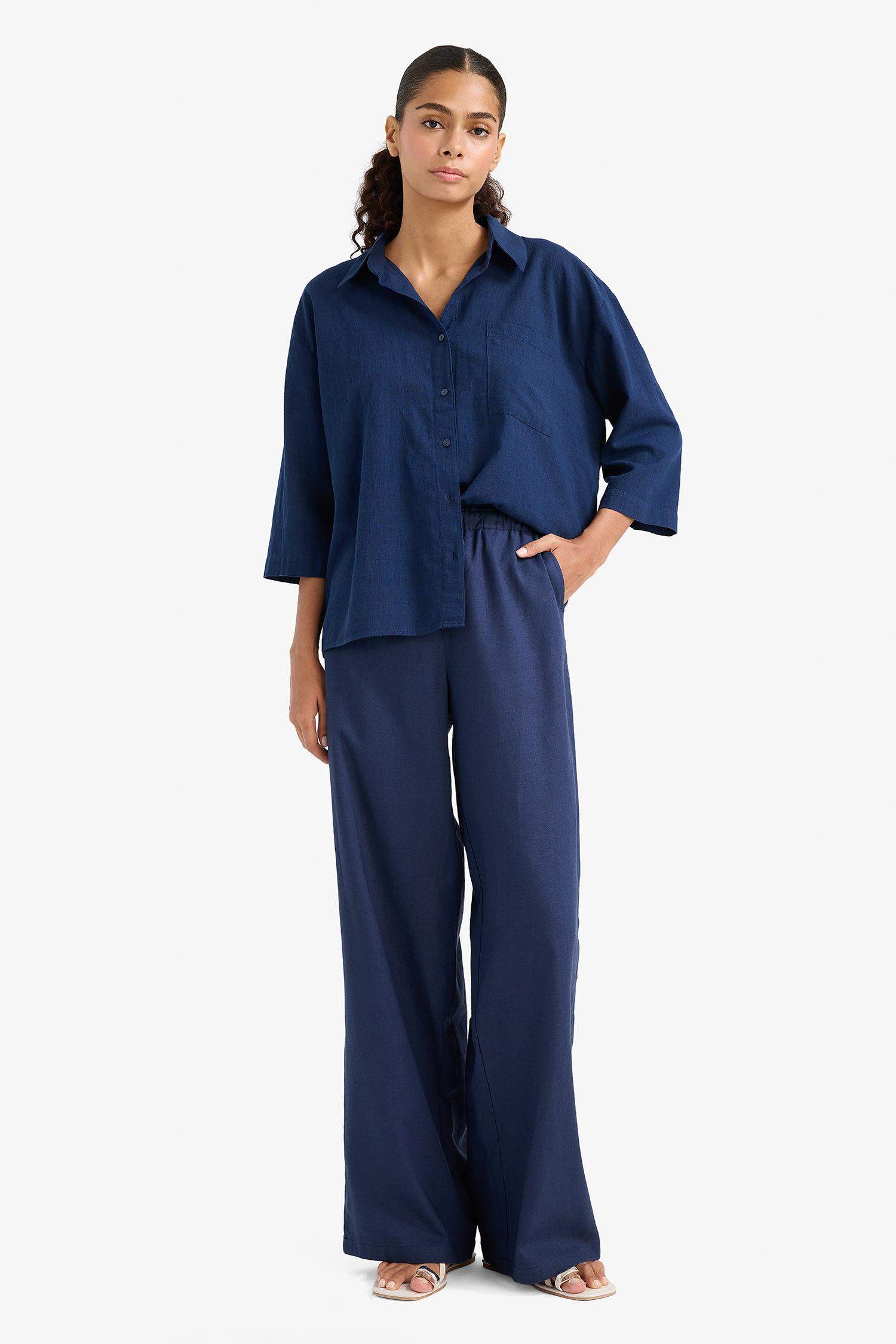 Wide Leg Double Pocket Elastic Waist Standard Length Linen Blend Trousers