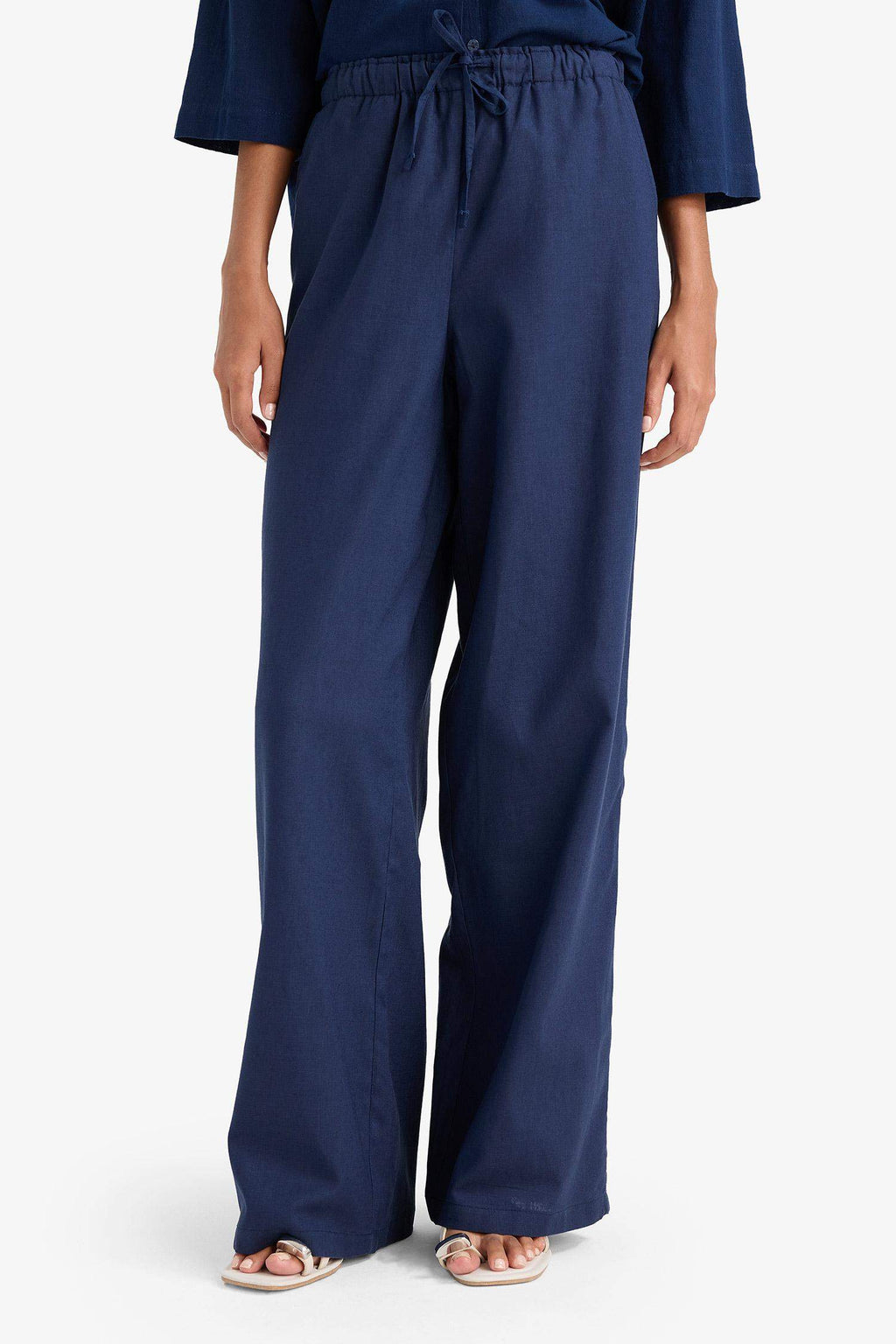 Wide Leg Double Pocket Elastic Waist Standard Length Linen Blend Trousers