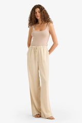 Wide Leg Double Pocket Elastic Waist Standard Length Linen Blend Trousers