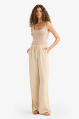 Wide Leg Double Pocket Elastic Waist Standard Length Linen Blend Trousers