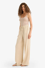 Wide Leg Double Pocket Elastic Waist Standard Length Linen Blend Trousers