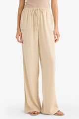 Wide Leg Double Pocket Elastic Waist Standard Length Linen Blend Trousers